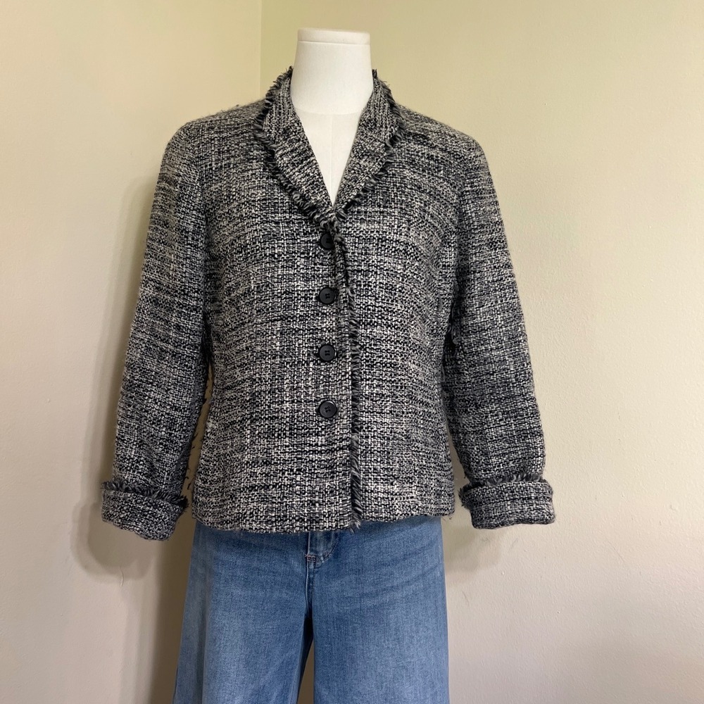 Talbots Petites Black White Wool Blend Fringe Tweed Blazer Jacket Size 6P
